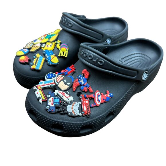 CROCS Black Clogs with Disney Pixar Marvel Batman Jibblets - Size M 6 / W 8 - Picture 1 of 12